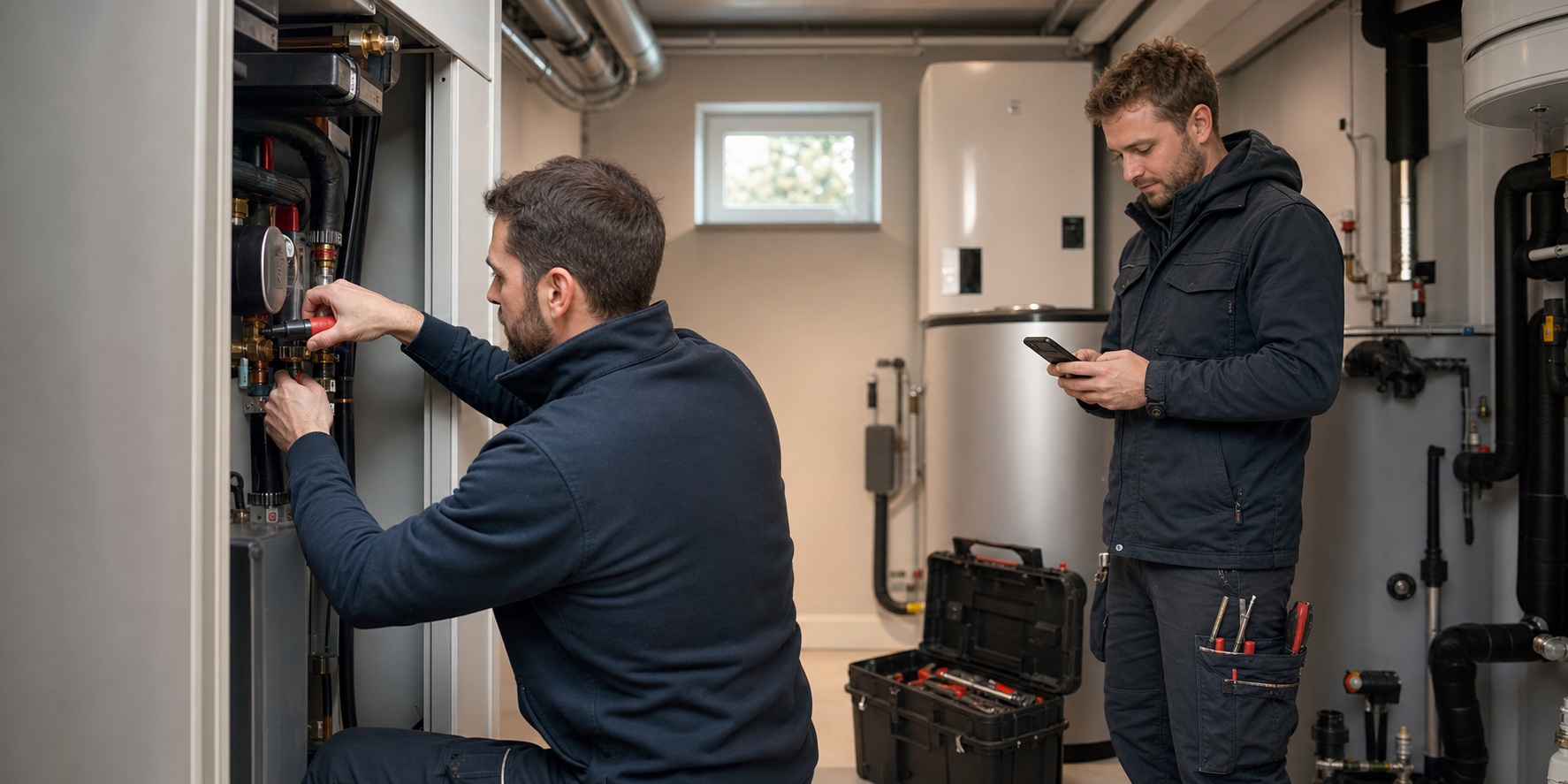 Two field-service technicians servicing heating equipment while documenting the job on a phone